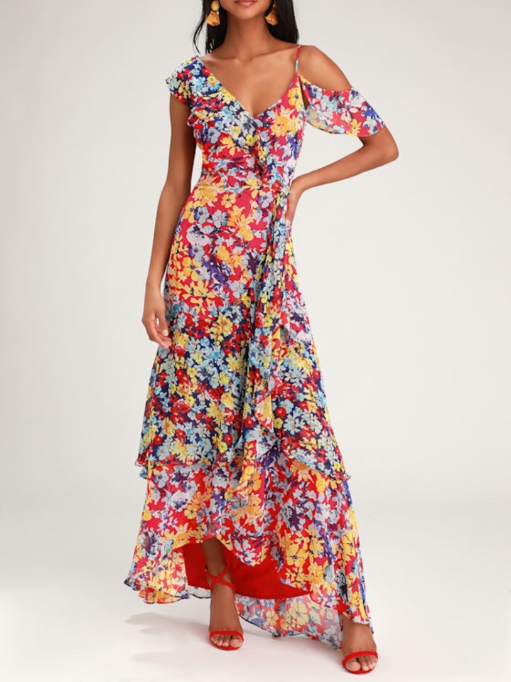 Lulus Radiant Ruby Red Floral Print Chiffon Maxi Dress - Size S